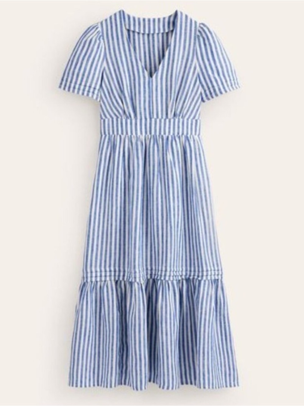 Boden Eve 100% Linen Midi Dress Blue White Striped Size 12